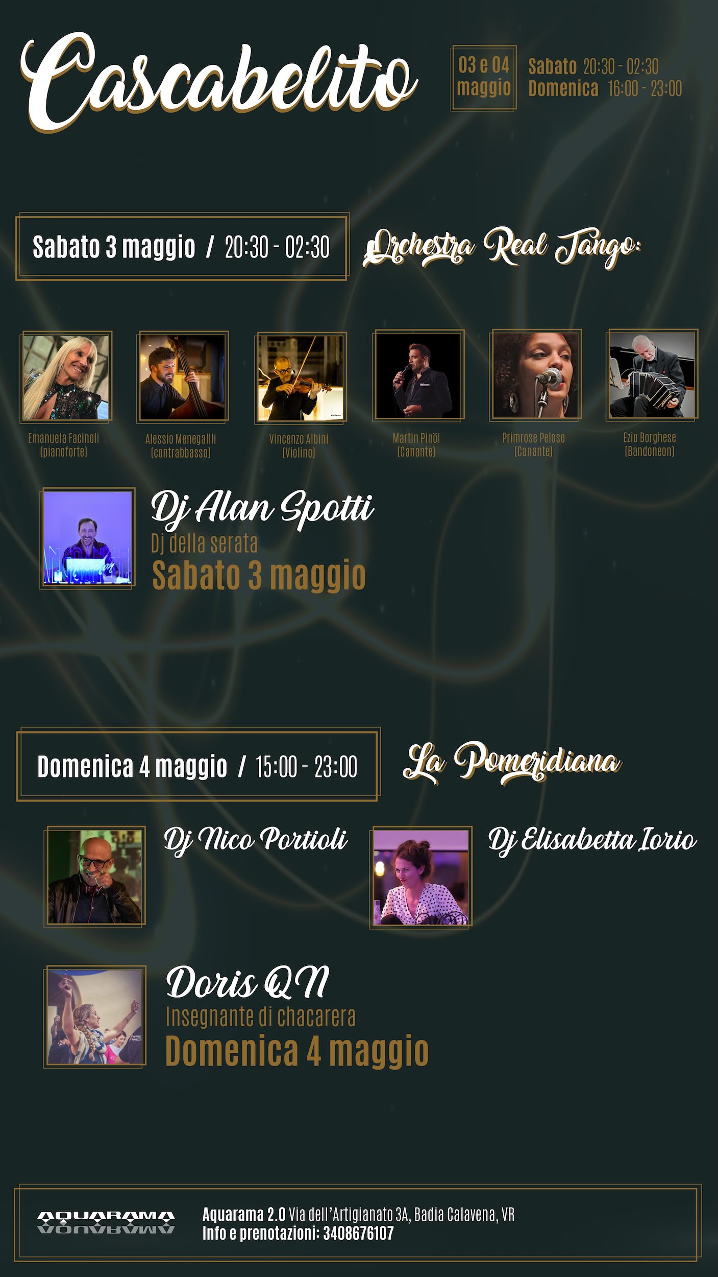 Grafica dell'evento Cascabelito Tango Weekend, due giornate di tango ad Aquarama 2.0 di Badia Calavena (VR) - 3 e 4 maggio 2025 - School of Art Verona