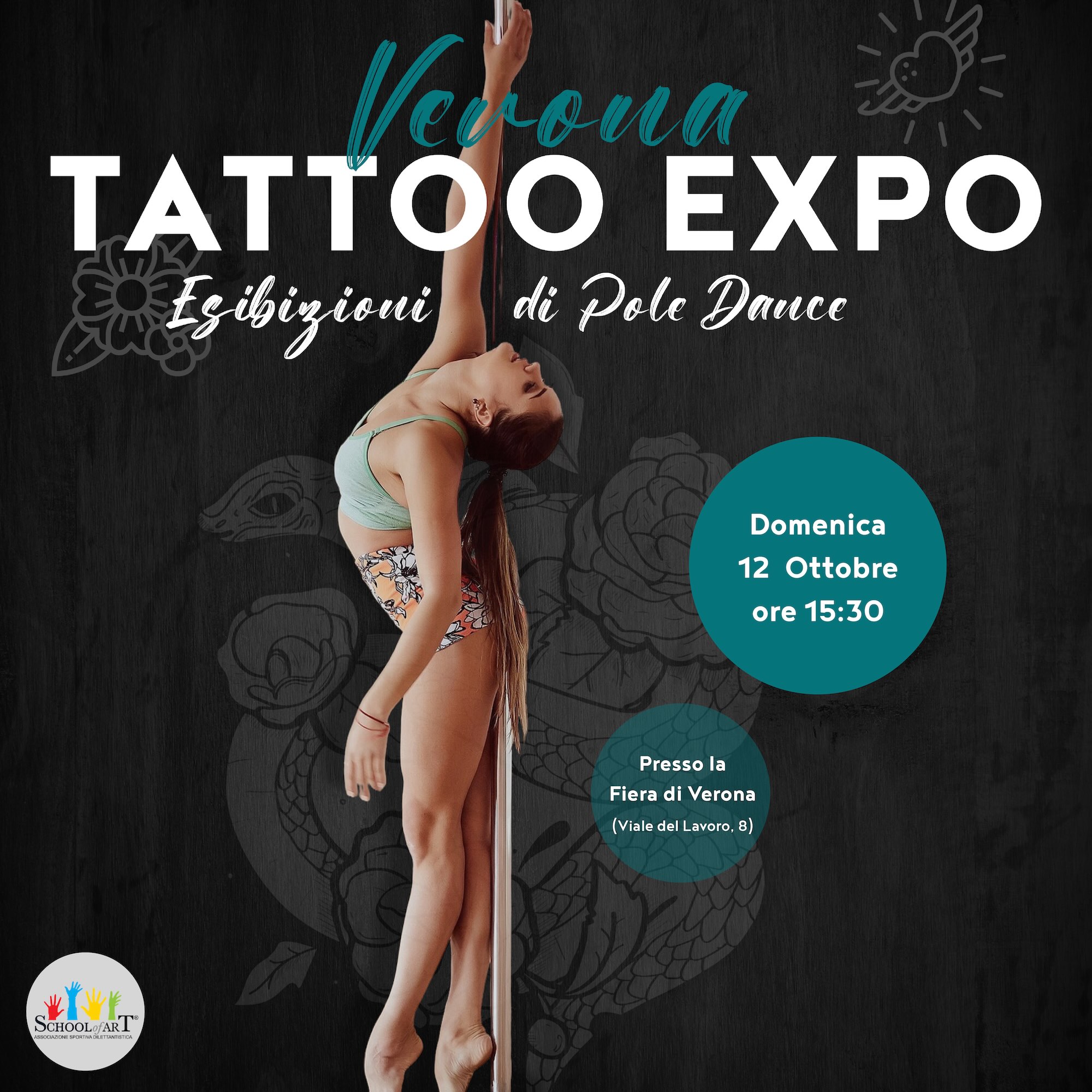 Domenica 12 ottobre 2025 School of Art porta la Pole Dance alla Verona Tattoo Expo. Esibizione live alle 15:30 presso la Fiera di Verona. Ingresso con biglietto.