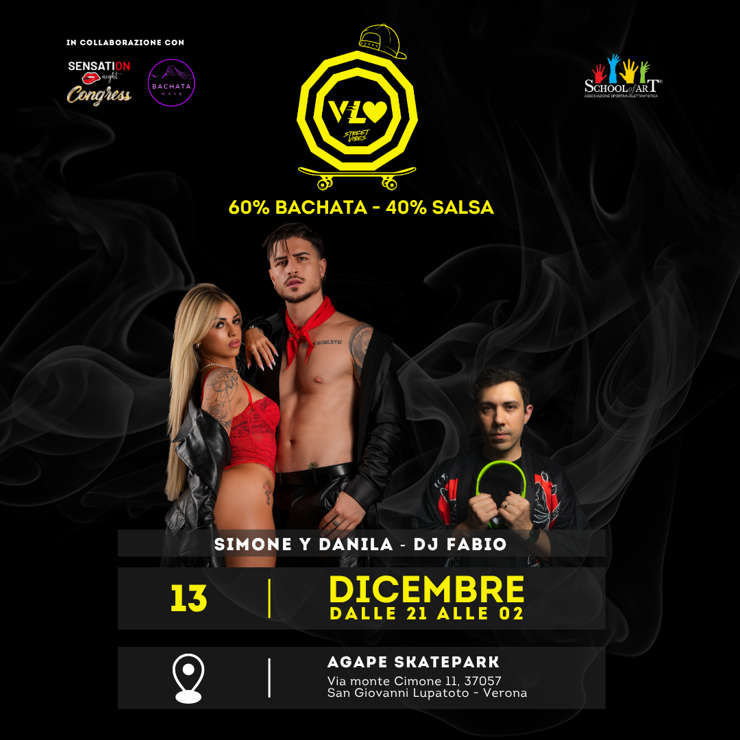 Evento latino il 4 ottobre 2025 all’Agape Skate Park (San Giovanni Lupatoto). Night‑vibes tra salsa, bachata, stage e musica con School of Art.